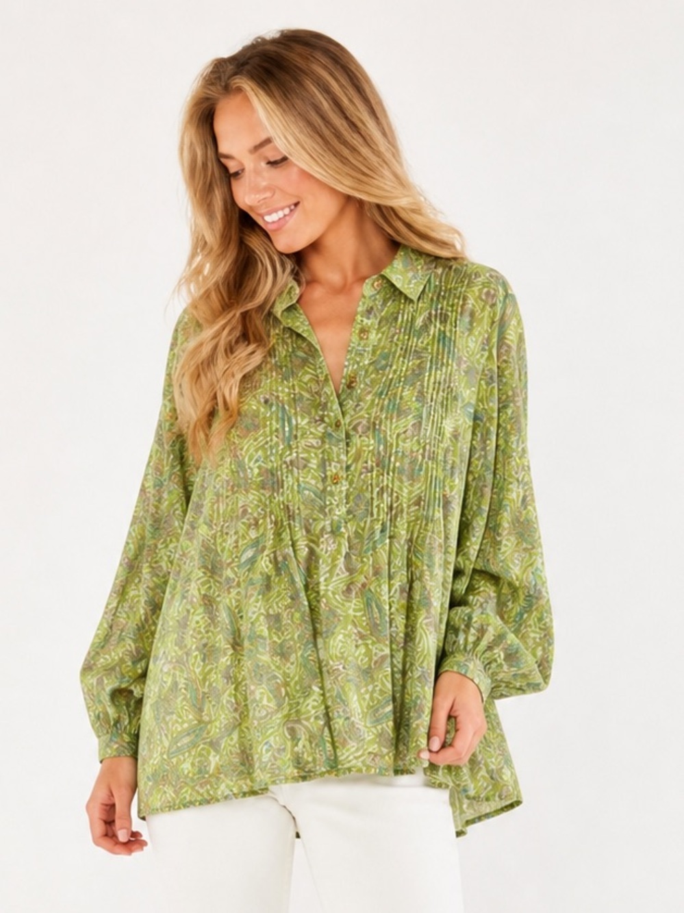 Popover Liz Claiborne 2X Green Paisley Pintuck  Shirt